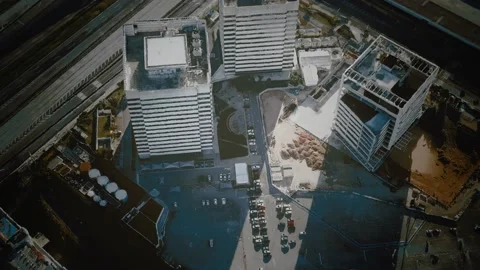 Aerial view of typical small town shopping center with parking Stock Footage 141416455