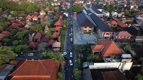 Aerial view of Ubud from intersection of main road with Suweta and Monkey Forest Stock Footage 236897910