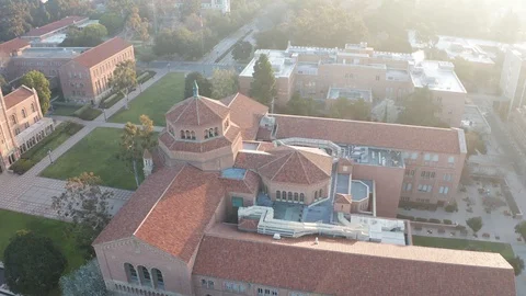 Aerial view of UCLA university campus in Westwood, Los Angeles, USA overlooking Stock Footage