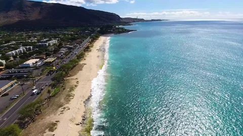 Aerial View Ulehawa Beach Nanakuli, Crystal Blue Water, Reef, Sand Oahu Hawaii Stock Footage