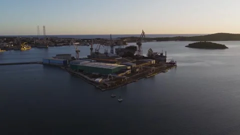 Aerial view of Uljanik shipyard at sunset in Pula, Croatia. Stock Footage 346487142