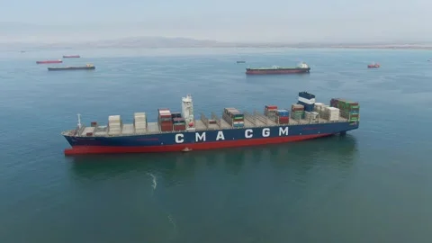 Aerial view of ultra large container ship CMA CGM J.Adams Stock Footage 242483080