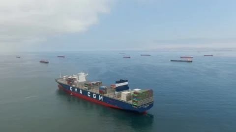 Aerial view of ultra large container ship CMA CGM J.Adams Stock Footage 242483083