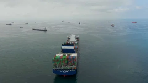 Aerial view of ultra large container ship CMA CGM J.Adams Stock Footage 242483084
