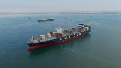 Aerial view of ultra large container ship CMA CGM J.Adams Stock Footage 242483276