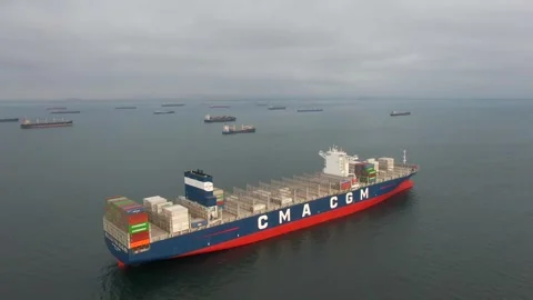 Aerial view of ultra large container ship CMA CGM J.Adams Stock Footage 242483292
