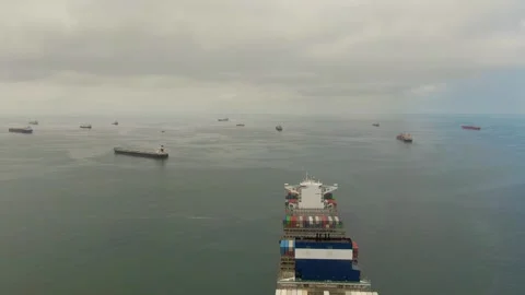 Aerial view of ultra large container ship CMA CGM J.Adams Stock Footage 242483581