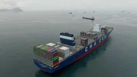 Aerial view of ultra large container ship CMA CGM J.Adams Stock Footage 242483886