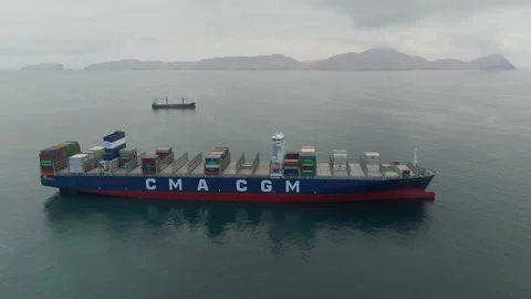 Aerial view of ultra large container ship CMA CGM J.Adams Stock Footage 242483896