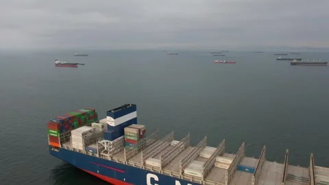 Aerial view of ultra large container ship CMA CGM J.Adams Stock Footage 242484339