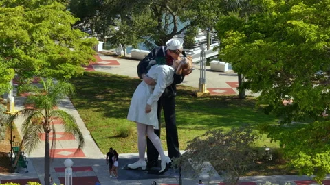 Aerial view of Unconditional Surrender statue near Bayfront Park in Sarasota Stock Footage 244949795