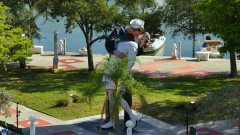 Aerial view of Unconditional Surrender statue near Bayfront Park in Sarasota Stock Footage 247658544