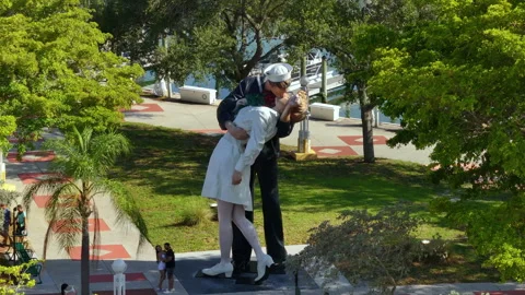 Aerial view of Unconditional Surrender statue near Bayfront Park in Sarasota Stock Footage 248088827