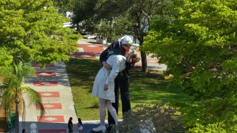 Aerial view of Unconditional Surrender statue near Bayfront Park in Sarasota Stock Footage 248863596