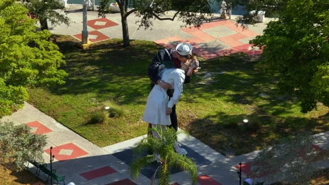 Aerial view of Unconditional Surrender statue near Bayfront Park in Sarasota Stock Footage 308403300