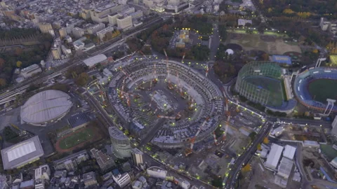 Aerial View of the Under-Construction Tokyo Olympic Stadium Stock Footage 327830163