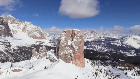 Aerial view of Unesco Mountain Range Cinque Torri in Dolomites in Winter, Italy Stock Footage 286743002