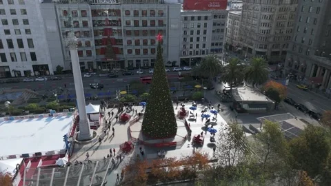 Aerial View of Union Square San Francisco Christmas Tree Ice Rink and Macy's Stock Footage 324838388