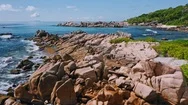 Aerial View Of Unique Coastline With Nature Granite Boulders On Remote Paradise Stock Footage