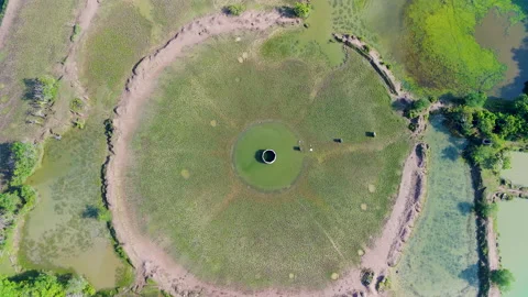 Aerial view of unique fish pond cultivation in the form of a natural circle like Stock Footage 209385262