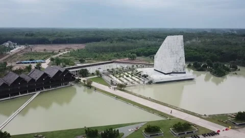 Aerial view of a unique mosque showcasing modern architecture Stockbeeldmateriaal 289266350