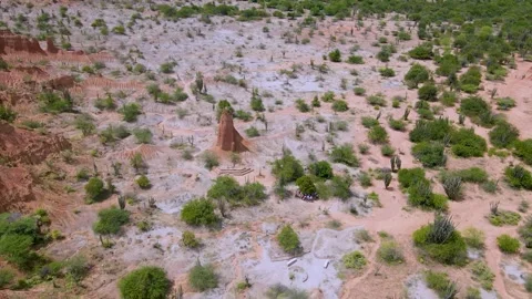 Aerial view of unique rock formations in Tatacoa Desert Stock Footage 330591943