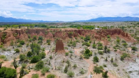 Aerial view of the unique rock formations in Tatacoa Desert Stock Footage 330591945