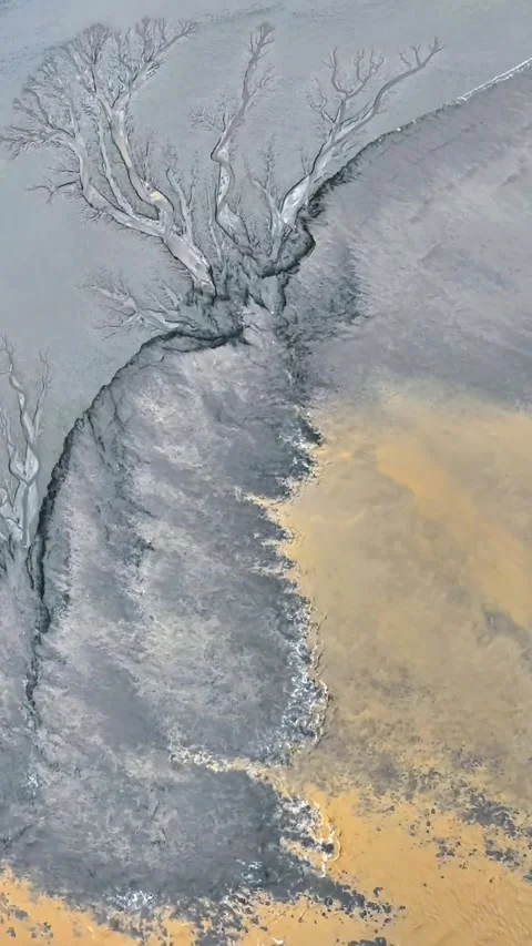Aerial View of Unique Tidal Tree Patterns on Qiantang River Mudflats China Stockbeeldmateriaal 342602646
