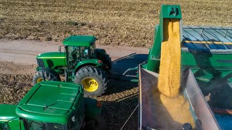 Aerial view of unloading corn grain into tractor trailer after harvest in field. Foto stock