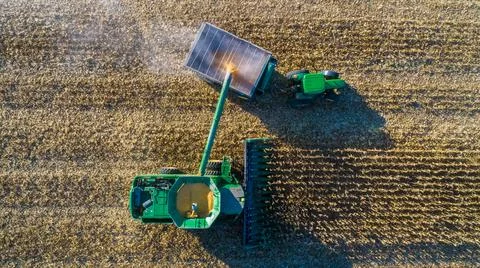 Aerial view of unloading corn grain into tractor trailer after harvest in field. Stock Photos