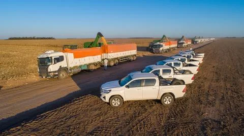 Aerial view of unloading corn grain into trucks after harvest in the field. Stock Photos