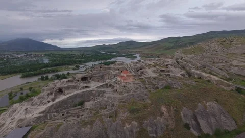 Aerial view of Uplistsikhe ancient cave city in Georgia. Stock Footage 345652743