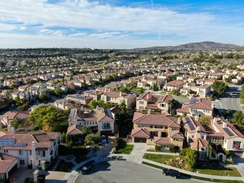 Aerial view of upper middle class neighborhood with identical residential Stock Photos