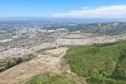 Aerial view of upper middle class neighborhood around Double Peak Park in San Stock Photos
