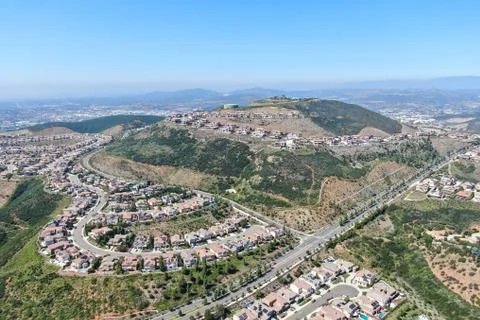 Aerial view of upper middle class neighborhood around Double Peak Park in San Stock Photos