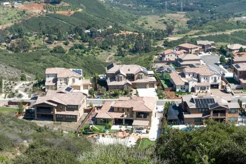 Aerial view of upper middle class neighborhood around Double Peak Park in San Stock Photos
