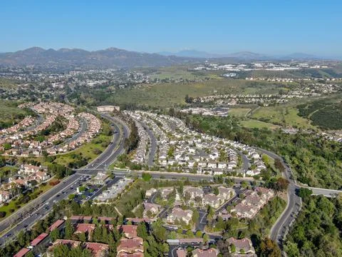 Aerial view of upper middle class neighborhood with big villas around in San Stock Photos