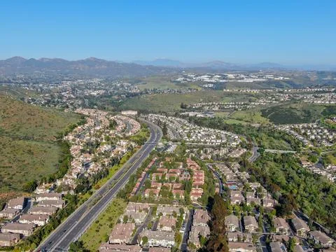 Aerial view of upper middle class neighborhood with big villas around in San Stock Photos