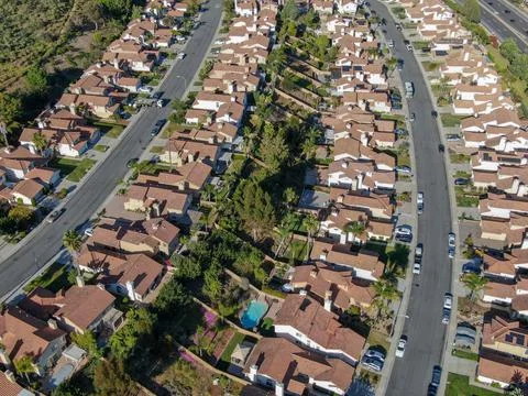 Aerial view of upper middle class neighborhood with big villas around in San Stock Photos