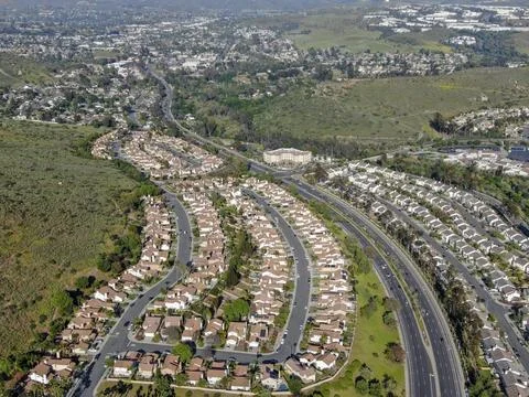 Aerial view of upper middle class neighborhood with big villas around in San Stock Photos