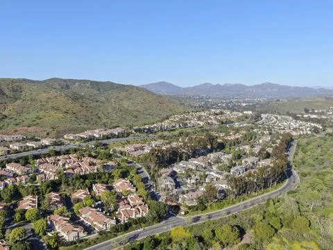 Aerial view of upper middle class neighborhood with big villas around in San Stock Photos