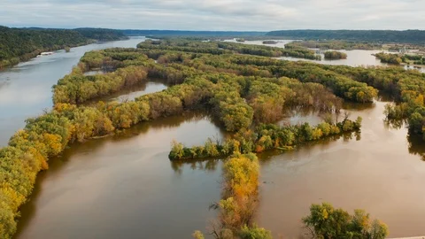 Aerial view of Upper Mississippi river at Wisconsin Minnesota border Video stock 118411323
