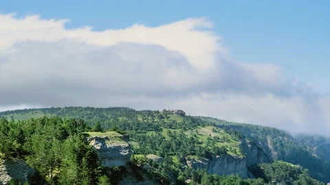 Aerial view of the upper plateau of the mountain. A pine forest grows among the Stock Footage 140286283