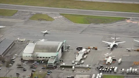 Aerial View of UPS Freight Airliners at Boeing Field, WA Stock Footage 10604552