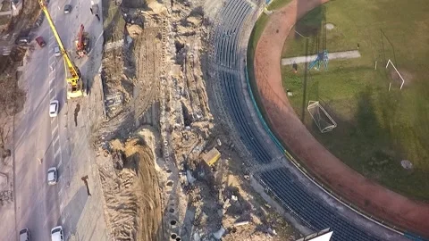 Aerial view of urban boulevard construction and road works Stock Footage 346410315