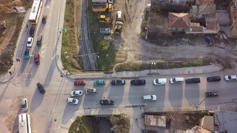 Aerial view of urban city intersection with heavy traffic Stock Footage 346410297