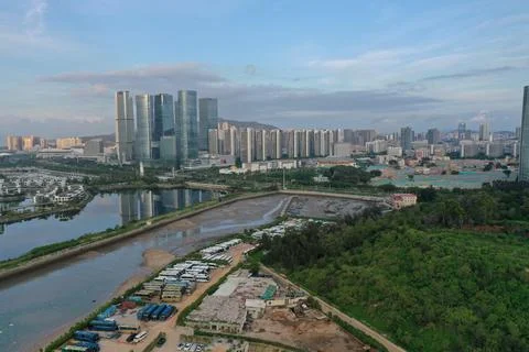 Aerial View of Urban Development and River Estuary with City Skyline, China Stock Photos