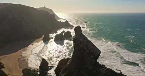 Aerial view Ursa beach Atlantic coastal surf with foamy waves crashing over big 스톡 동영상 311494115