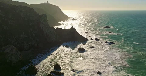 Aerial view Ursa beach Atlantic coastal surf with foamy waves crashing over big Video stock 312267822