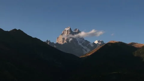 Aerial view of Ushba mountains peak in Svaneti, Georgia Stockbeeldmateriaal 218389901